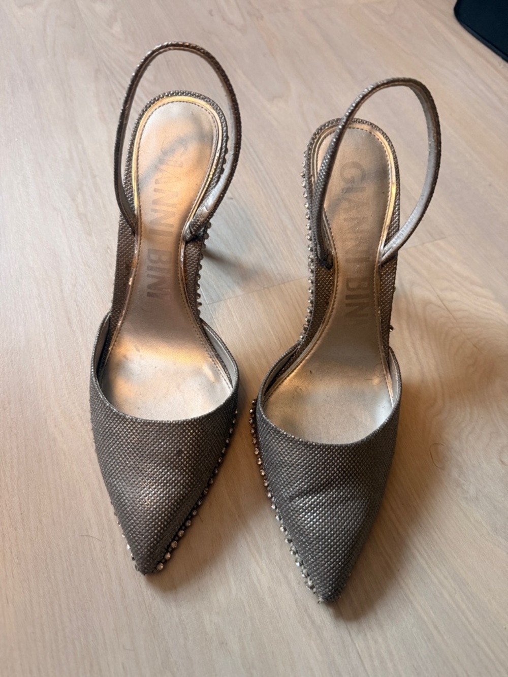 Gianni Bini Silver Metallic Pointed Slingback Heels with Crystal Trim